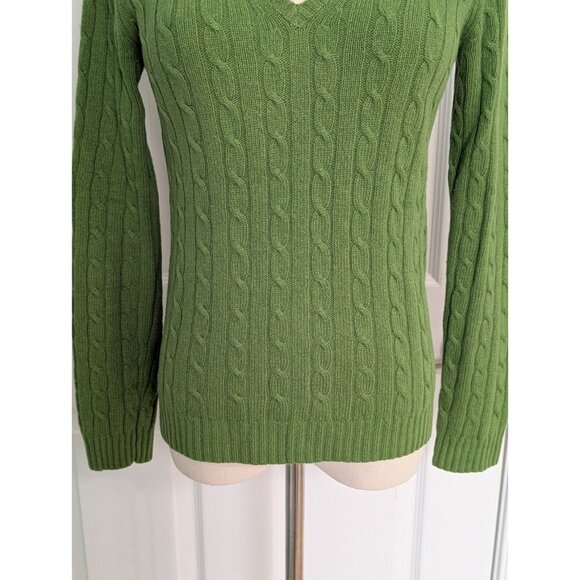 Vtg J Crew Green Cable Knit WOOL ANGORA CASHMERE V Neck Sweater Sz S Y2K Preppy - Picture 3 of 7